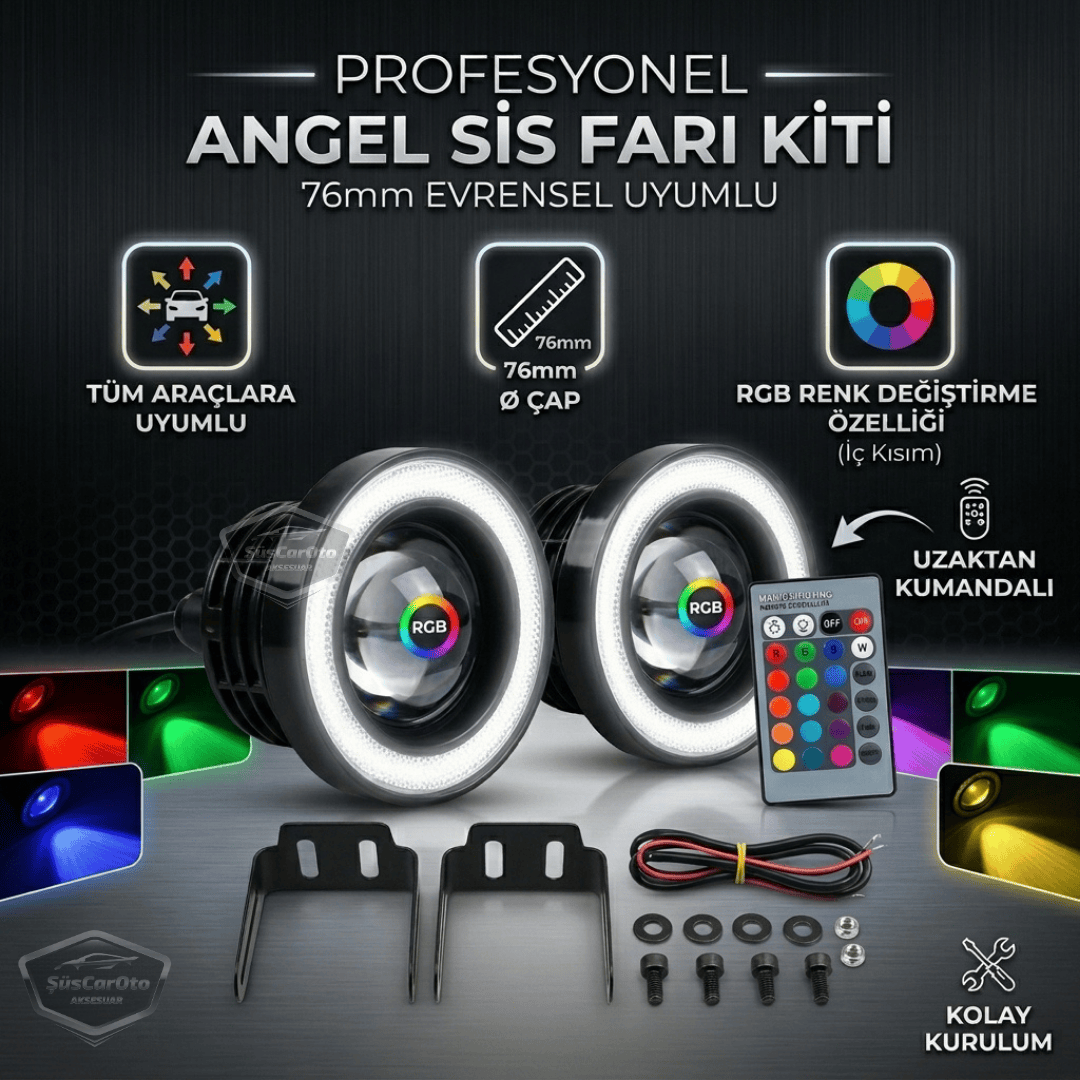 Üniversal Kumandalı RGB Mercekli Angel Sis Farı Metal Su Geçirmez 76 mm Beyaz Halkalı Gündüz Farı Angel Eyes 2 Adet image 0