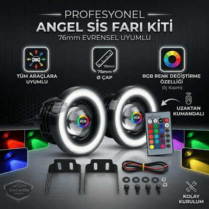 Üniversal Kumandalı RGB Mercekli Angel Sis Farı Metal Su Geçirmez 76 mm Beyaz Halkalı Gündüz Farı Angel Eyes 2 Adet image 0