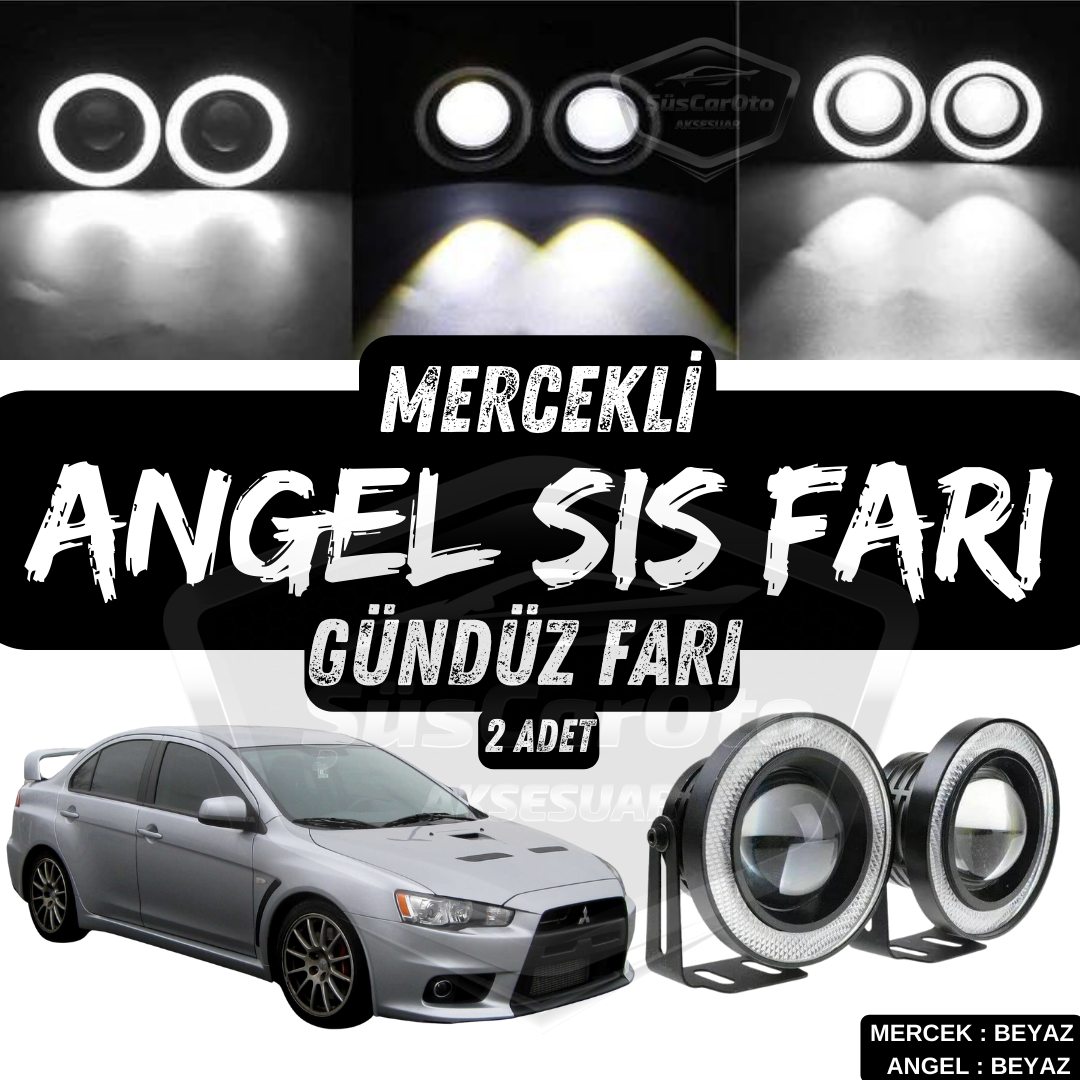 Mitsubishi Lancer 2007-2014 Uyumlu Üniversal Mercekli Angel Sis Farı Metal Su Geçirmez 76 mm Beyaz Halkalı Gündüz Farı Angel Eyes 2 Adet image 0