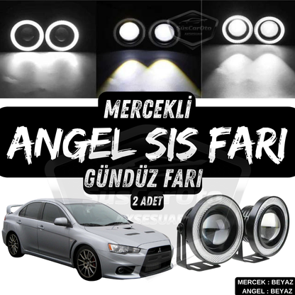 Mitsubishi Lancer 2007-2014 Uyumlu Üniversal Mercekli Angel Sis Farı Metal Su Geçirmez 76 mm Beyaz Halkalı Gündüz Farı Angel Eyes 2 Adet image 0