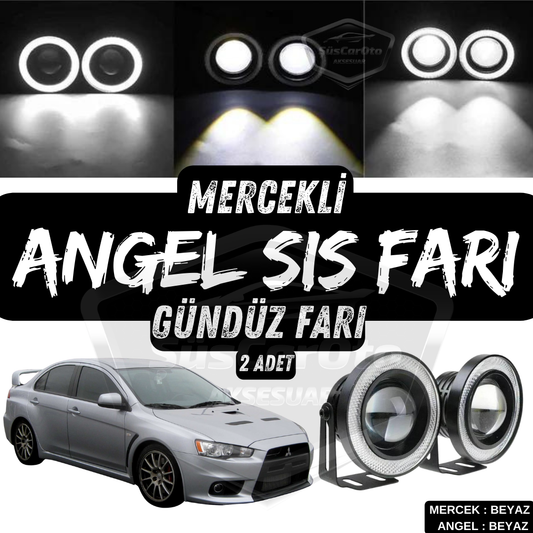 Mitsubishi Lancer 2007-2014 Uyumlu Üniversal Mercekli Angel Sis Farı Metal Su Geçirmez 76 mm Beyaz Halkalı Gündüz Farı Angel Eyes 2 Adet image 0