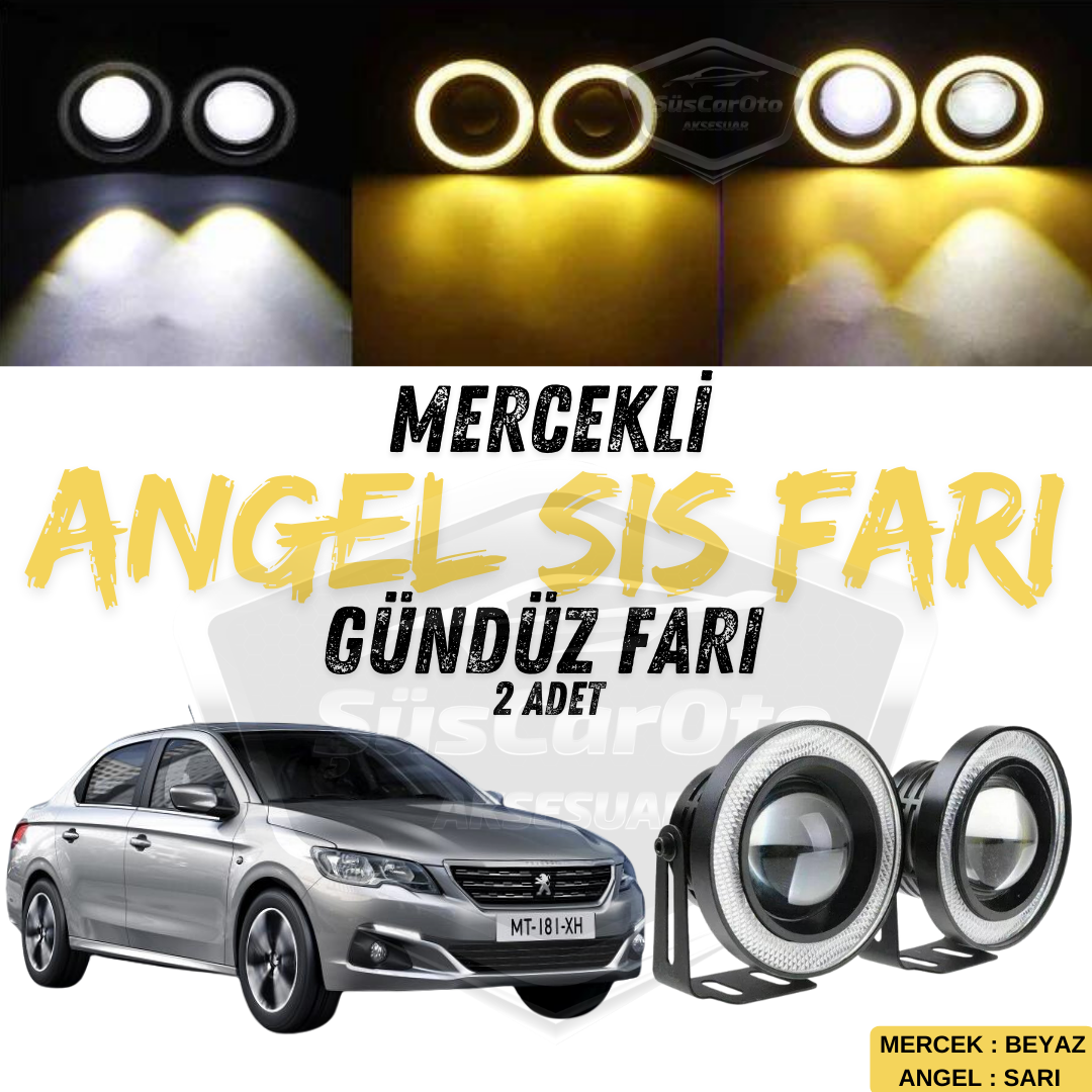 Peugeot 301 2012-2021 Uyumlu Üniversal Mercekli Angel Sis Farı Metal Su Geçirmez 76 mm Sarı Halkalı Gündüz Farı Angel Eyes 2 Adet image 0