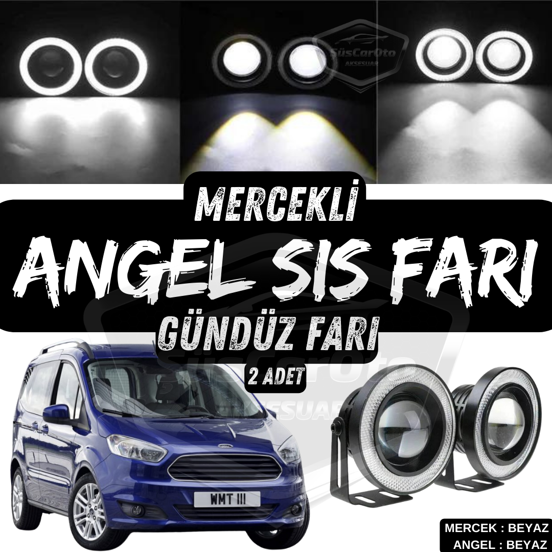 Ford Courier 2014-2023 Uyumlu Üniversal Mercekli Angel Sis Farı Metal Su Geçirmez 76 mm Beyaz Halkalı Gündüz Farı Angel Eyes 2 Adet image 0