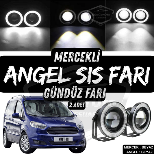 Ford Courier 2014-2023 Uyumlu Üniversal Mercekli Angel Sis Farı Metal Su Geçirmez 76 mm Beyaz Halkalı Gündüz Farı Angel Eyes 2 Adet image 0