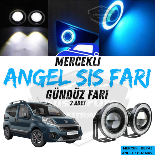 Fiat Fiorino 2008-2023 Uyumlu Üniversal Mercekli Angel Sis Farı Metal Su Geçirmez 76 mm Buz Mavi Halkalı Gündüz Farı Angel Eyes 2 Adet image 0