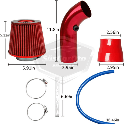 Universal Ses &amp; Performans Arttırıcı Açık Hava Filtre Kiti Set Alüminyum Alaşımlı Krom Bigtube +6 Hp 65-75 mm Kırmızı image 2
