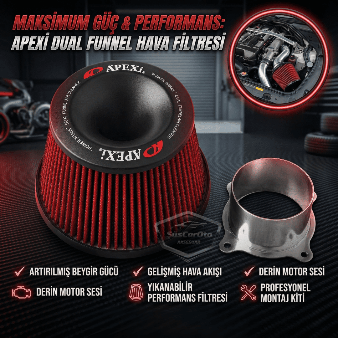 Apexi Universal Performans ve Ses Arttırıcı Aparatlı Açık Hava Filtresi Seti +6 Hp Dual Funnel Kırmızı 76 mm image 0