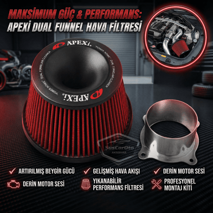 Apexi Universal Performans ve Ses Arttırıcı Aparatlı Açık Hava Filtresi Seti +6 Hp Dual Funnel Kırmızı 76 mm image 0