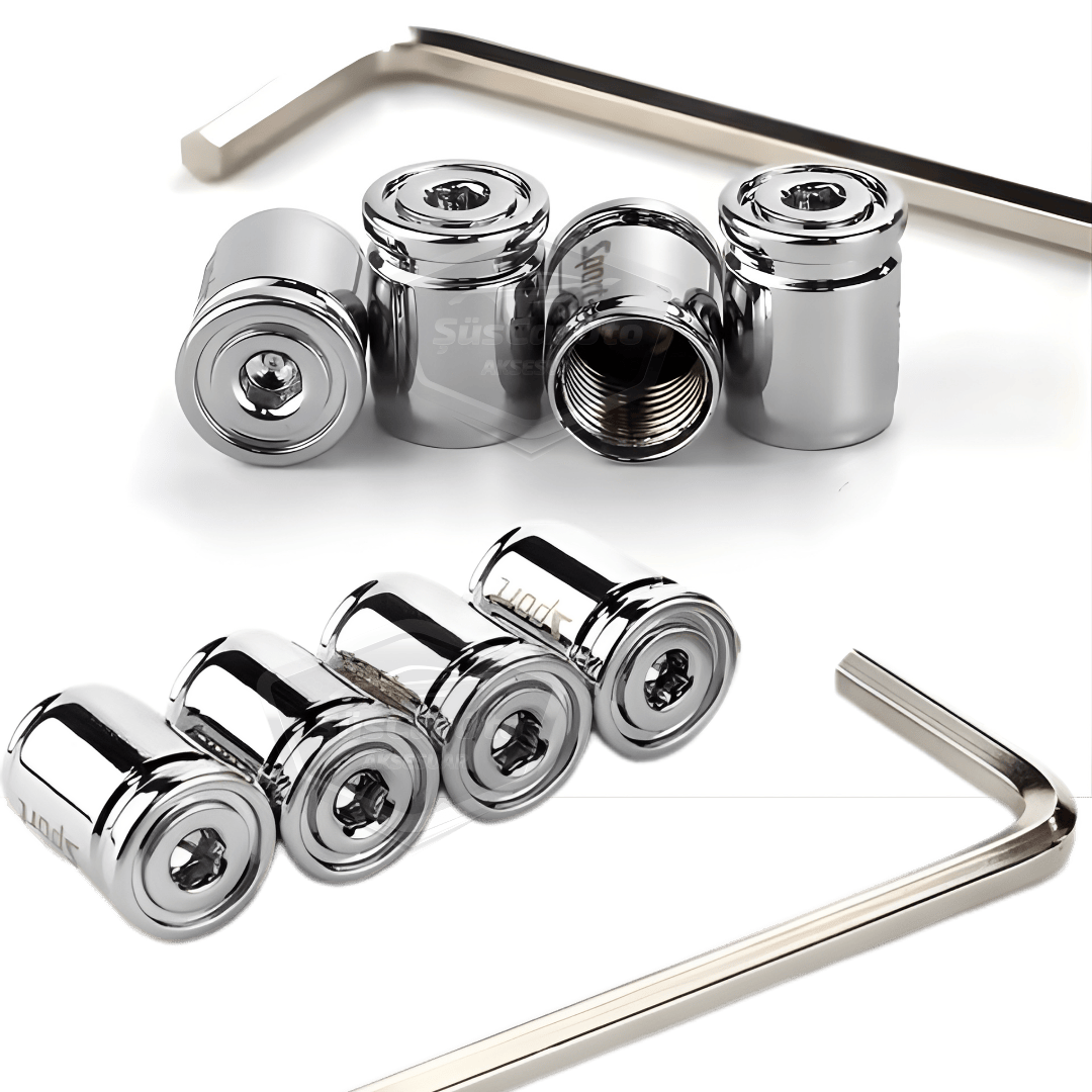 Kilitlemeli Sibop Kapağı Alyanlı Sibop Kapağı Araba Motosiklet Bisiklet Metal Sıkmalı Silver Gümüş 4 lü Set image 1