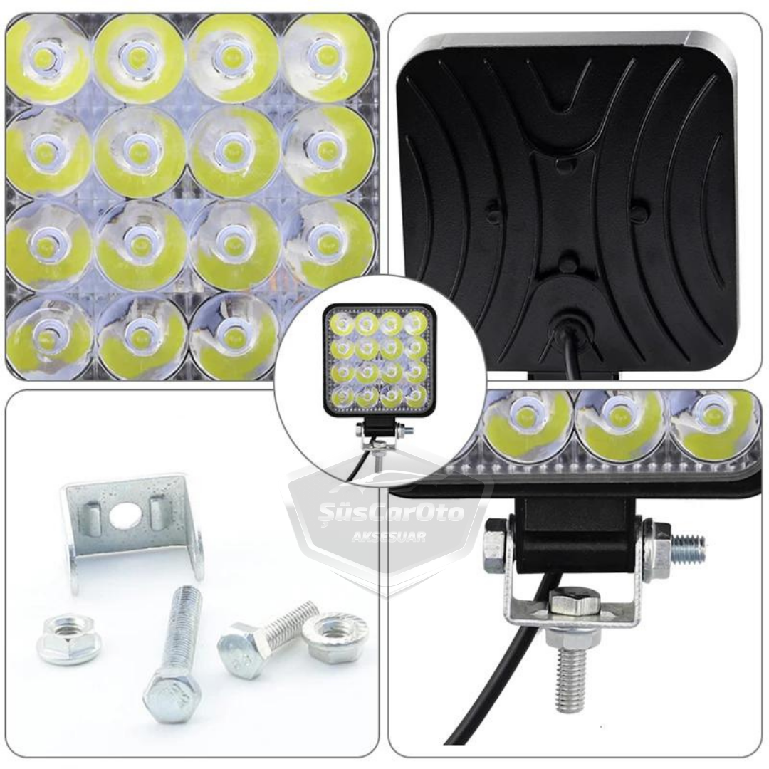12V-24V Kare Çalışma Lambası 16 Led  Off Road Led Lamba Traktör Kamyon Tır Motosiklet Sis Farı Beyaz Projektör 48 Watt 11 cm 1 Adet image 3