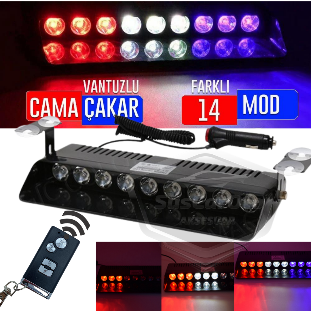 S1 Kumandalı Cam İçi Vantuzlu Polis Çakar 9 Ledli Kırmızı Beyaz Mavi 14 Mod Çakmaklık Girişli image 0