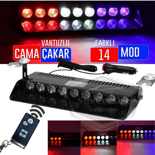 S1 Kumandalı Cam İçi Vantuzlu Polis Çakar 9 Ledli Kırmızı Beyaz Mavi 14 Mod Çakmaklık Girişli image 0