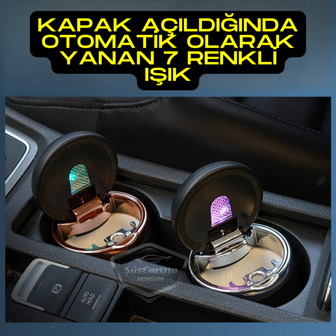 Üniversal 7 Renkli Işıklı Porselen Yanmaz Koku Geçirmez Lüx Oto Küllük Dumansız Kapaklı Spor Araç İçi Küllük Araba Küllüğü Gold image 5