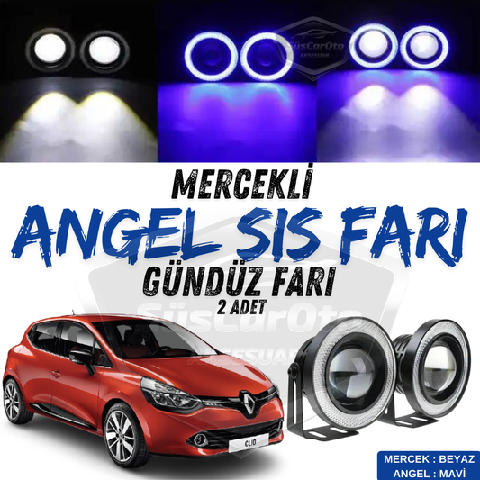 Renault Clio 4 2012-2020 Uyumlu Üniversal Mercekli Angel Sis Farı Metal Su Geçirmez 76 mm Mavi Halkalı Gündüz Farı Angel Eyes 2 Adet image 0