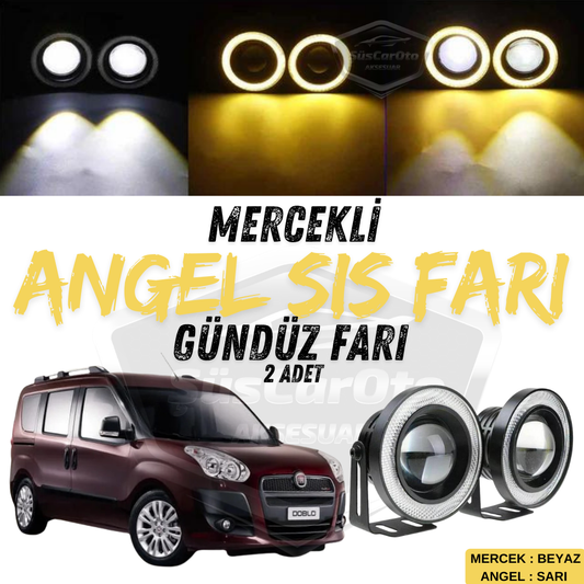 Fiat Doblo D3 2010-2015 Uyumlu Üniversal Mercekli Angel Sis Farı Metal Su Geçirmez 76 mm Sarı Halkalı Gündüz Farı Angel Eyes 2 Adet image 0