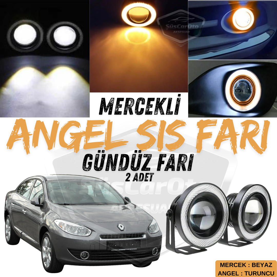 Renault Fluence 2009-2016 Uyumlu Üniversal Mercekli Angel Sis Farı Metal Su Geçirmez 76 mm Turuncu Halkalı Gündüz Farı Angel Eyes 2 Adet image 0