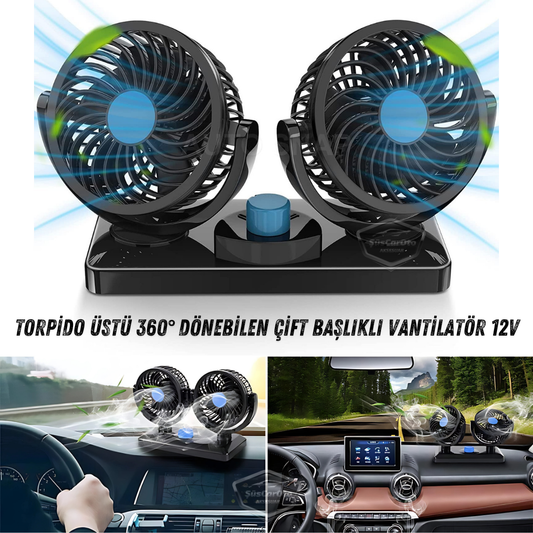 Üniversal Oto Ofis Araç İçi Torpido Üstü Vantilatör Çift Başlıklı Çakmaklık Girişli 2 Kademeli Soğutucu Fan 360° Dönebilen Ultra Sessiz Araç Fanı 12V Mavi image 0