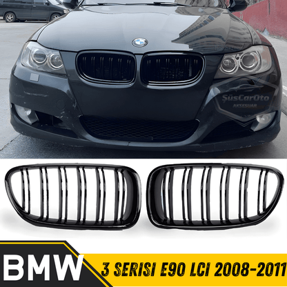 Bmw 3 Serisi E90 LCI 2008-2011 Uyumlu Ön Panjur Böbrek M3 Görünüm Izgara Çift Çizgi İthal Piano Black 1.Sınıf Sağ Sol Takım image 0