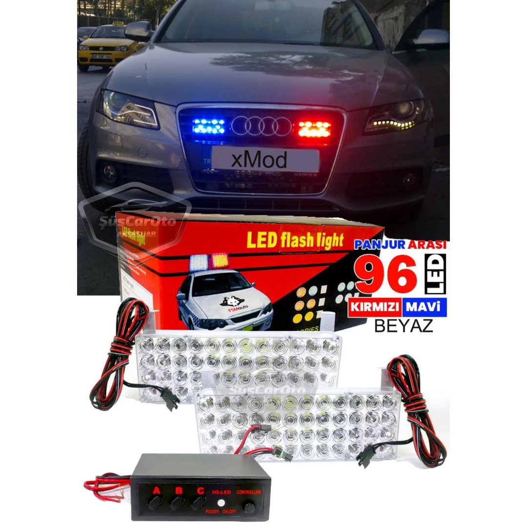 96 Led 3 Modlu Panjur İçi Çakar Led Panjur Arası Çakar Kırmızı Mavi 48x2 Led Lamba Flaşlı Polis Işığı 12V image 0