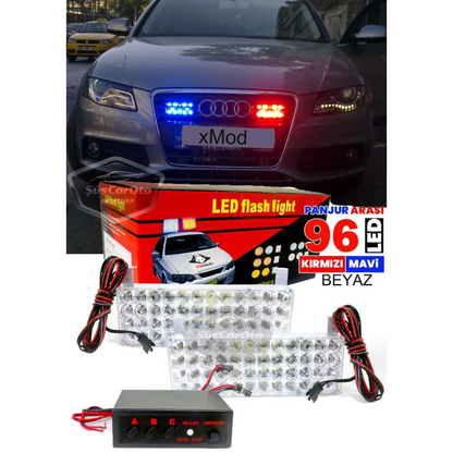 96 Led 3 Modlu Panjur İçi Çakar Led Panjur Arası Çakar Kırmızı Mavi 48x2 Led Lamba Flaşlı Polis Işığı 12V image 0