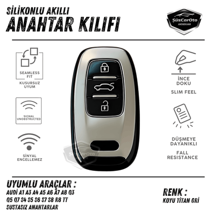 Audi A1 A3 A4 A5 A6 A7 A8 Q3 Q5 Q7 S4 S5 S6 S7 S8 R8 TT Quattro Uyumlu Silikon Anahtar Kılıfı Oto Anahtar Kabı Darbe Emici Anahtarlık Koyu Titan Gri image 0