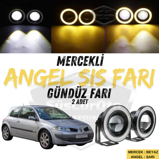 Renault Megane 2 2003-2008 Uyumlu Üniversal Mercekli Angel Sis Farı Metal Su Geçirmez 76 mm Sarı Halkalı Gündüz Farı Angel Eyes 2 Adet image 0