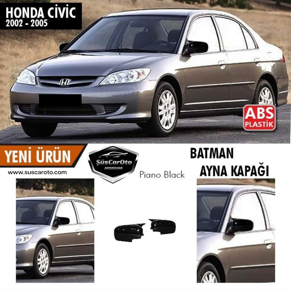 Honda Civic Vtec 2 2002-2005 Batman Yarasa Ayna Kapağı Piano Black ABS Plastik image 0