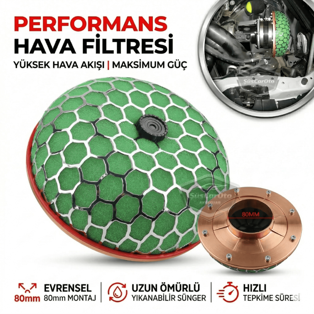 HKS Universal Performans ve Ses Arttırıcı Aparatlı Açık Hava Filtresi +6 Hp Yeşil Mantar Tip 80 mm image 0