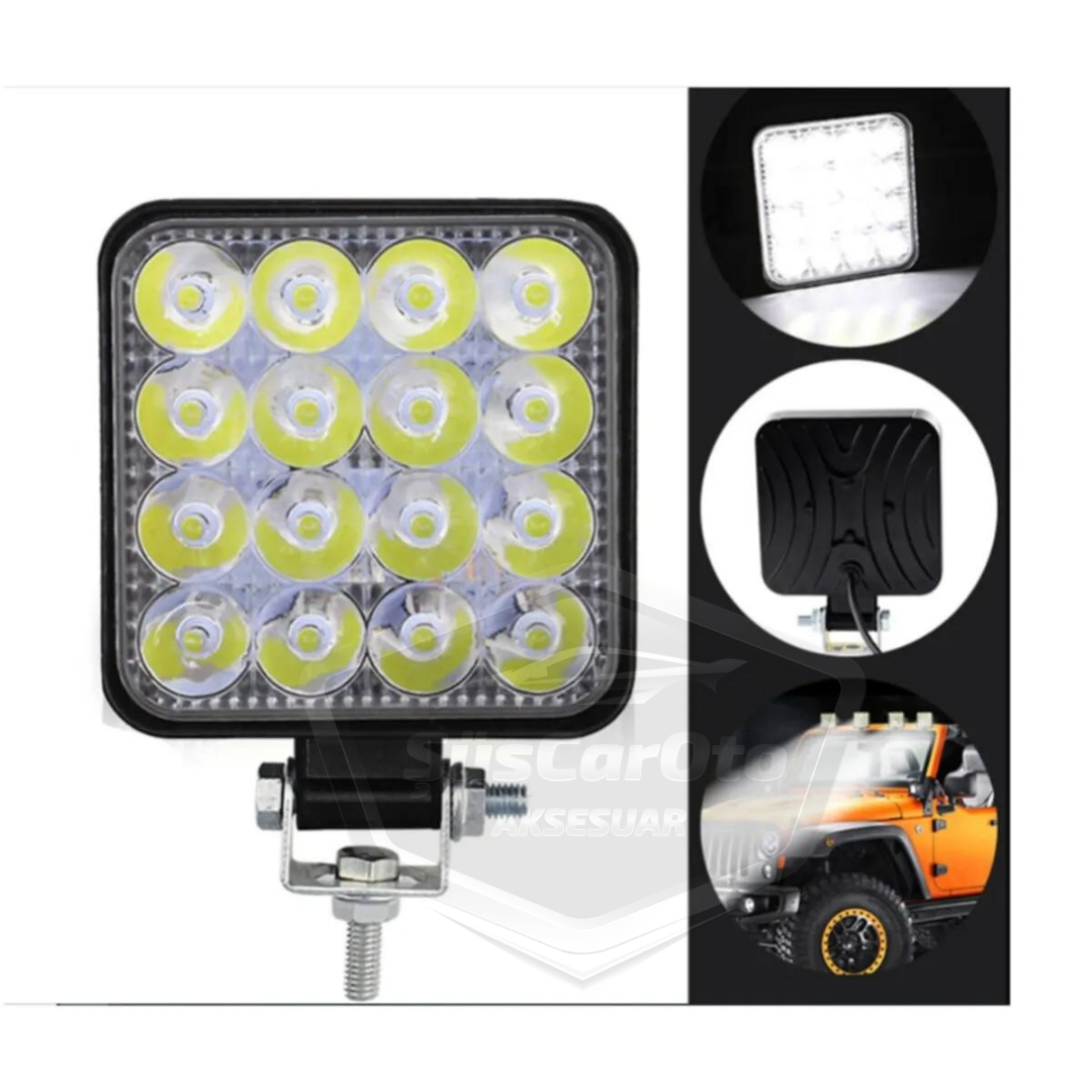 12V-24V Kare Çalışma Lambası 16 Led  Off Road Led Lamba Traktör Kamyon Tır Motosiklet Sis Farı Beyaz Projektör 48 Watt 11 cm 4 Adet image 1