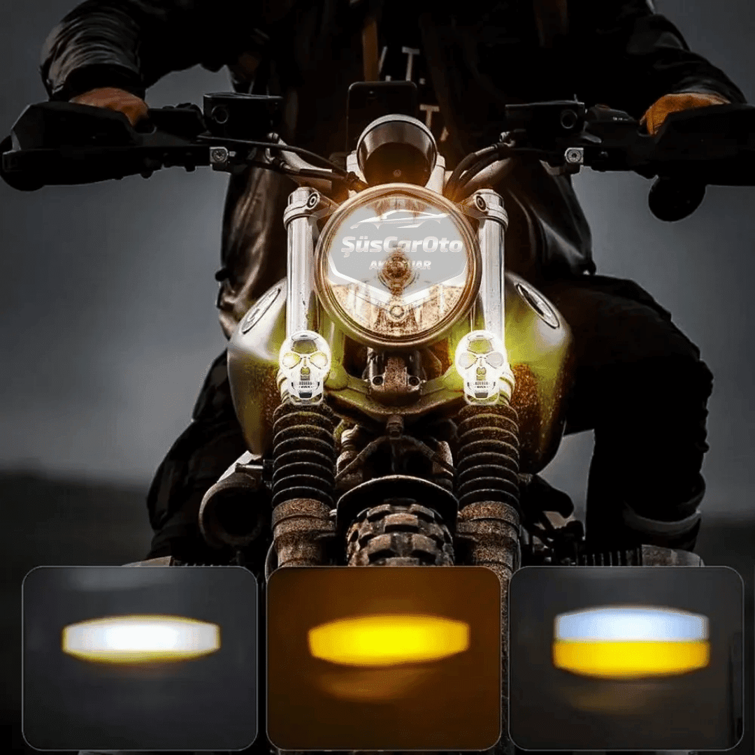 Universal Kurukafa Sis Farı Çakarlı Çift Renk Sarı-Beyaz 9-60V Kafatası Araç Motosiklet Off Road Led Lamba Delici Yayıcı Projektör 50W Metal Arazi Çalışma Lambası 1 Adet Krom image 4