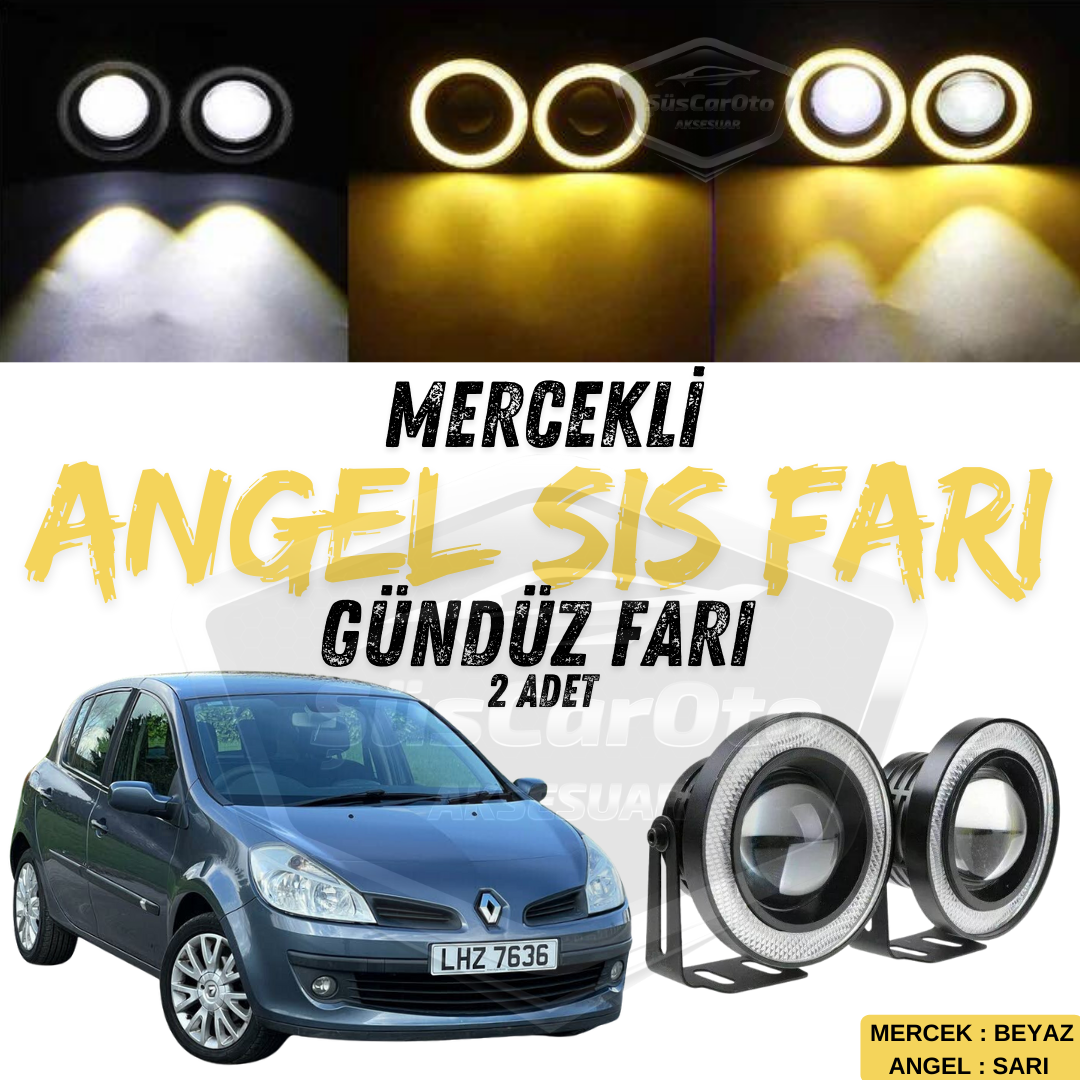 Renault Clio 3 2005-2013 Uyumlu Üniversal Mercekli Angel Sis Farı Metal Su Geçirmez 76 mm Sarı Halkalı Gündüz Farı Angel Eyes 2 Adet image 0