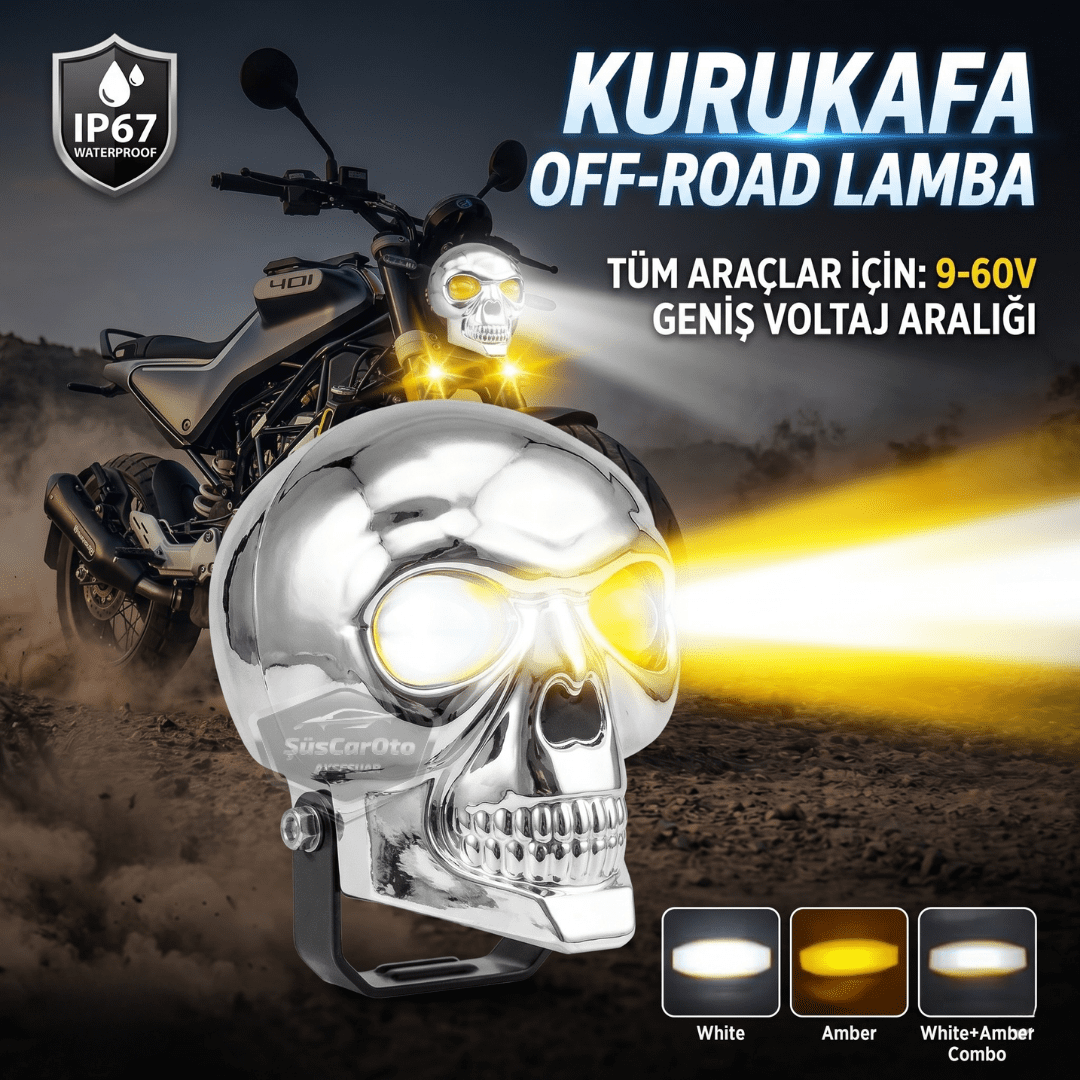 Universal Kurukafa Sis Farı Çakarlı Çift Renk Sarı-Beyaz 9-60V Kafatası Araç Motosiklet Off Road Led Lamba Delici Yayıcı Projektör 50W Metal Arazi Çalışma Lambası 1 Adet Krom image 0