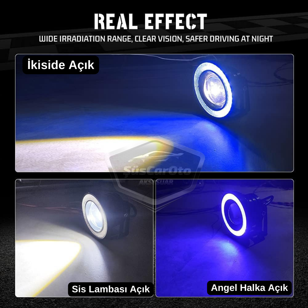 Mitsubishi Lancer 2007-2014 Uyumlu Üniversal Mercekli Angel Sis Farı Metal Su Geçirmez 76 mm Mavi Halkalı Gündüz Farı Angel Eyes 2 Adet image 4