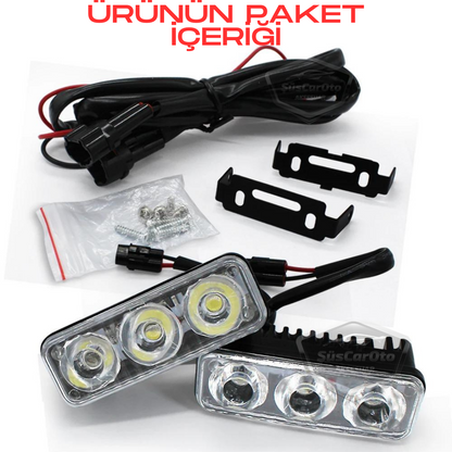 DRL 3 Led Mercekli Araba Gündüz Farı Araç Motosiklet Gündüz Ledi Oto DRL Led Lamba Güçlü Işık 12V Su Geçirmez Metal Beyaz 2 Adet image 2