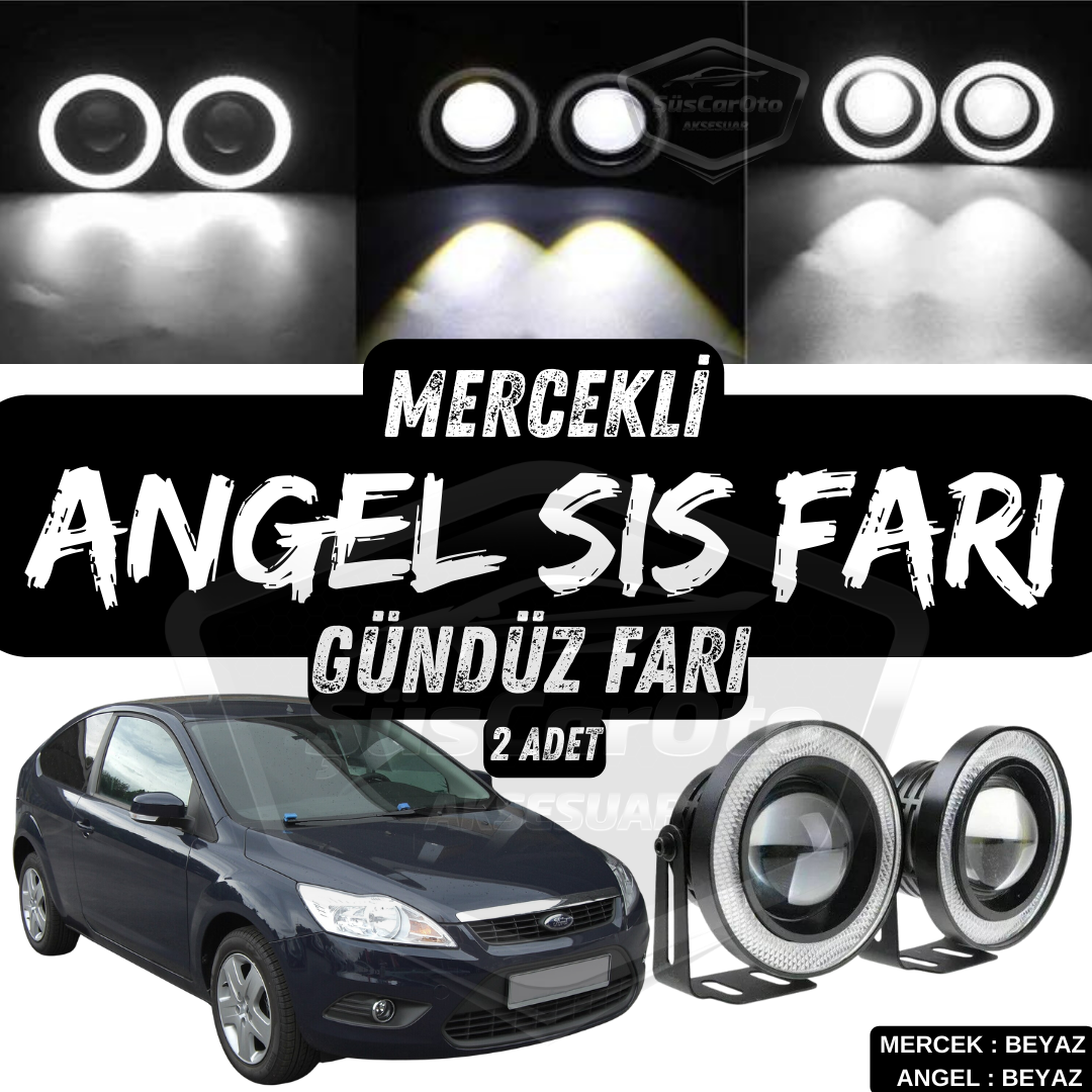 Ford Focus 2.5 2009-2011 Uyumlu Üniversal Mercekli Angel Sis Farı Metal Su Geçirmez 76 mm Beyaz Halkalı Gündüz Farı Angel Eyes 2 Adet image 0