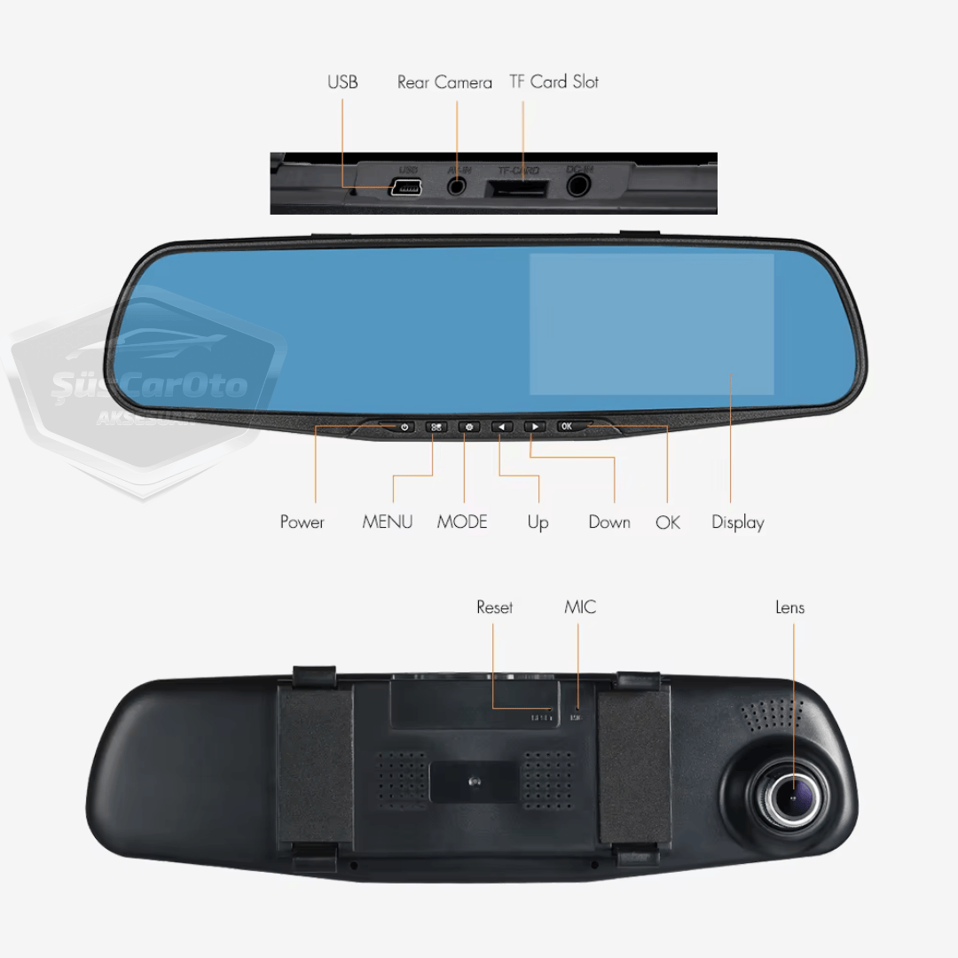 Ön ve Arka Kameralı Dikiz Aynası Geri Görüş Kameralı 4.3" 1080P Full HD Kayıt Çarpışma Algılayıcı Sensörlü Gece Görüşlü Park Sensörü Sesli Yol Kayıt image 5