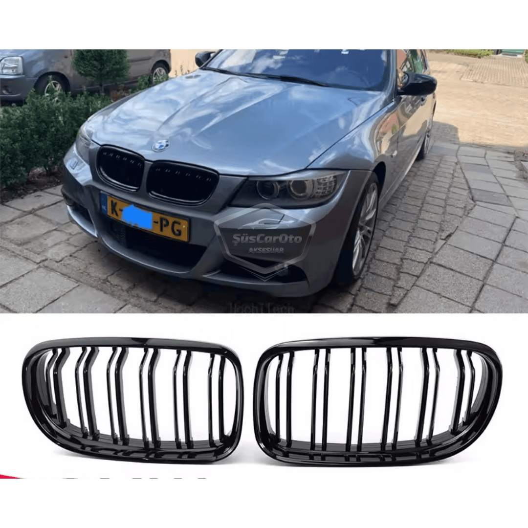 Bmw 3 Serisi E90 LCI 2008-2011 Uyumlu Ön Panjur Böbrek M3 Görünüm Izgara Çift Çizgi İthal Piano Black 1.Sınıf Sağ Sol Takım image 5