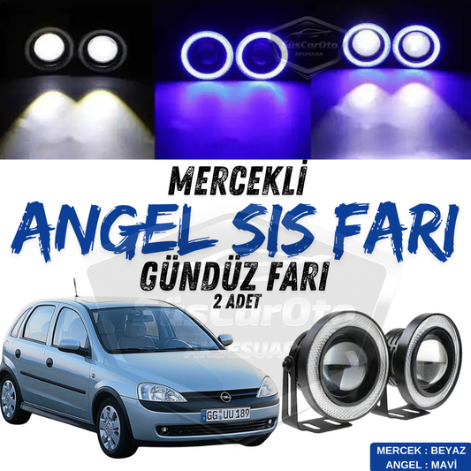 Opel Corsa C 2000-2006 Uyumlu Üniversal Mercekli Angel Sis Farı Metal Su Geçirmez 76 mm Mavi Halkalı Gündüz Farı Angel Eyes 2 Adet image 0