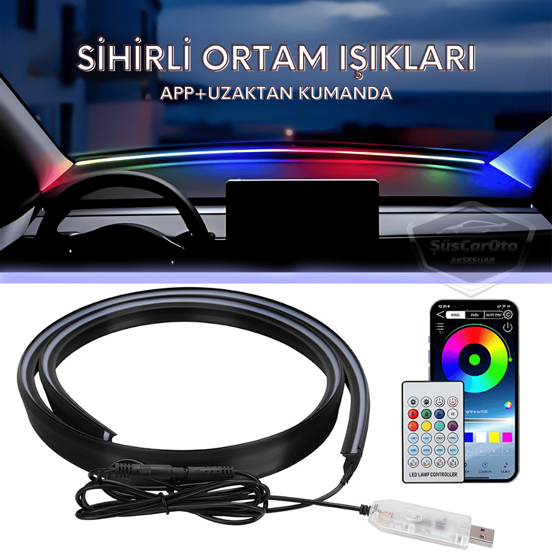 Universal Araç İçi App ve Kumanda Kontrollü Ön Cam Fitil Ambiyans RGB Atmosfer Cam Önü Ambiyans Led Neon Lamba Ses Yalıtım Fitili USB Girişli Montajsız image 5