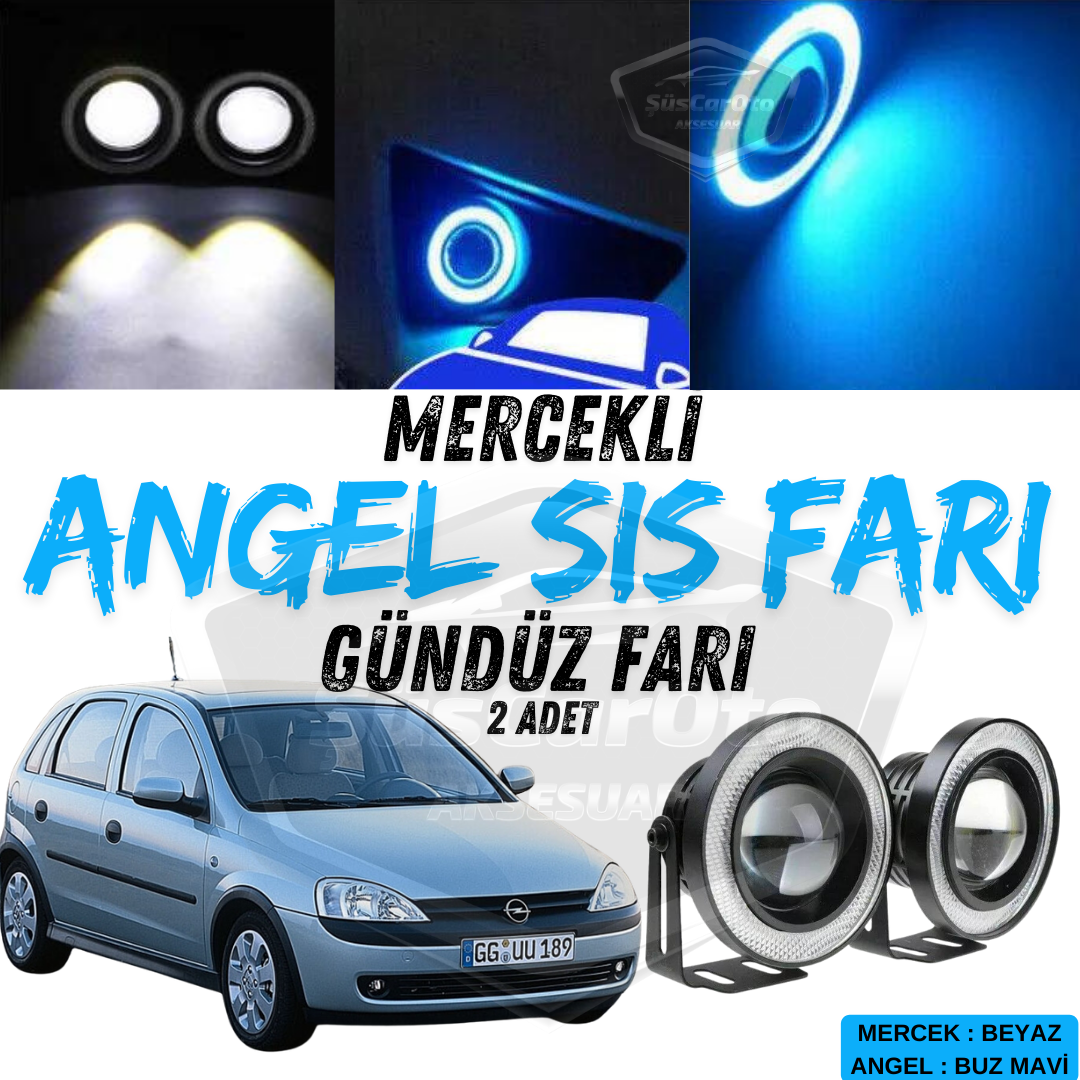Opel Corsa C 2000-2006 Uyumlu Üniversal Mercekli Angel Sis Farı Metal Su Geçirmez 76 mm Buz Mavi Halkalı Gündüz Farı Angel Eyes 2 Adet image 0