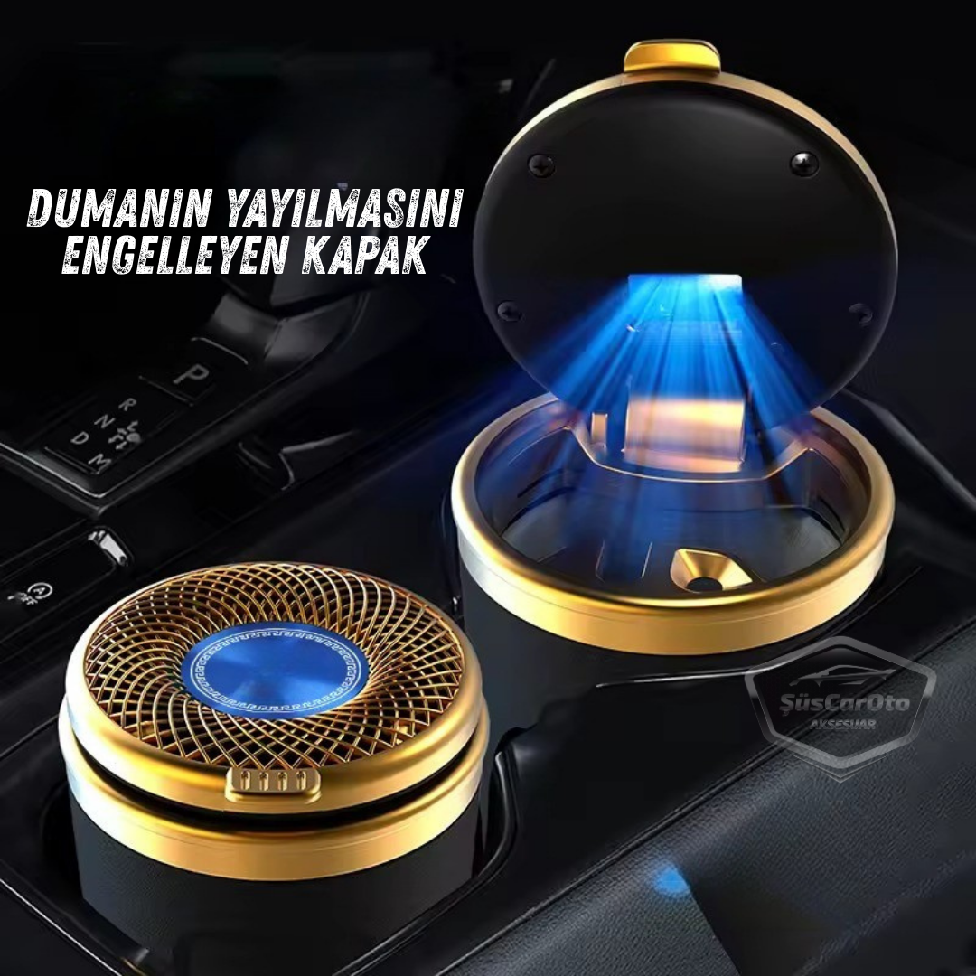 Üniversal Porselen Yanmaz Koku Geçirmez Altın Seramik Mavi Işıklı Lüx Oto Küllük Dumansız Kapaklı Spor Araç İçi Küllük Araba Küllüğü Gold image 0