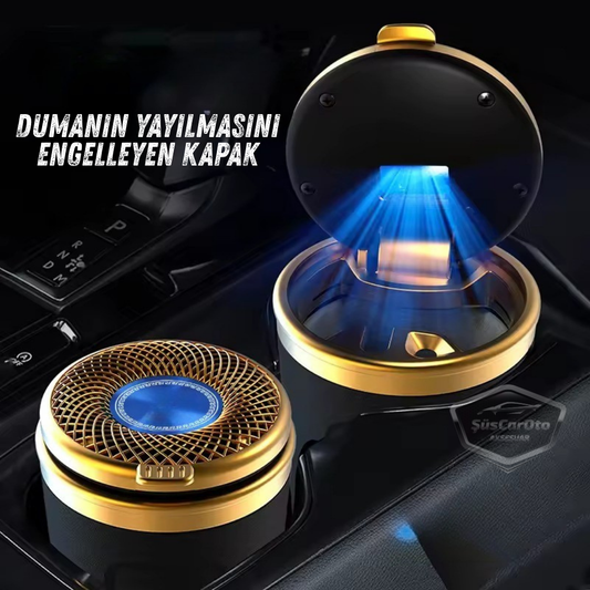 Üniversal Porselen Yanmaz Koku Geçirmez Altın Seramik Mavi Işıklı Lüx Oto Küllük Dumansız Kapaklı Spor Araç İçi Küllük Araba Küllüğü Gold image 0