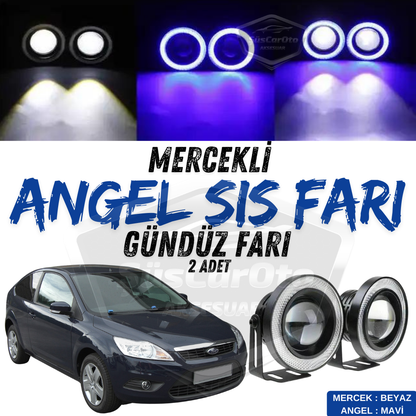 Ford Focus 2.5 2009-2011 Uyumlu Üniversal Mercekli Angel Sis Farı Metal Su Geçirmez 76 mm Mavi Halkalı Gündüz Farı Angel Eyes 2 Adet image 0