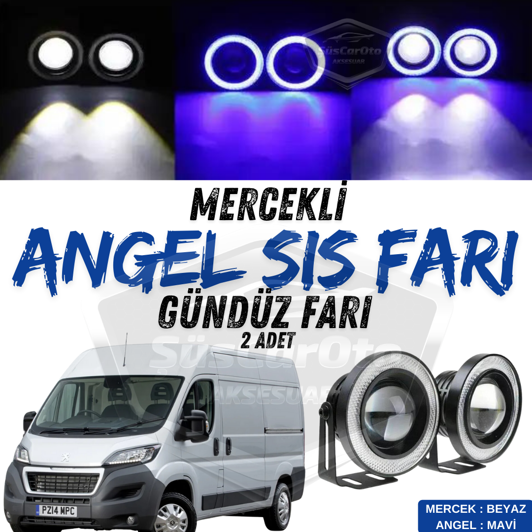 Peugeot Boxer Uyumlu Üniversal Mercekli Angel Sis Farı Metal Su Geçirmez 76 mm Mavi Halkalı Gündüz Farı Angel Eyes 2 Adet image 0