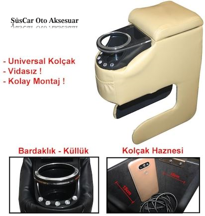 Üniversal Montajsız Bardaklı Taşlı Deri Kolçak Kol Dayama Bej Vidasız Her Araca Uygun image 0