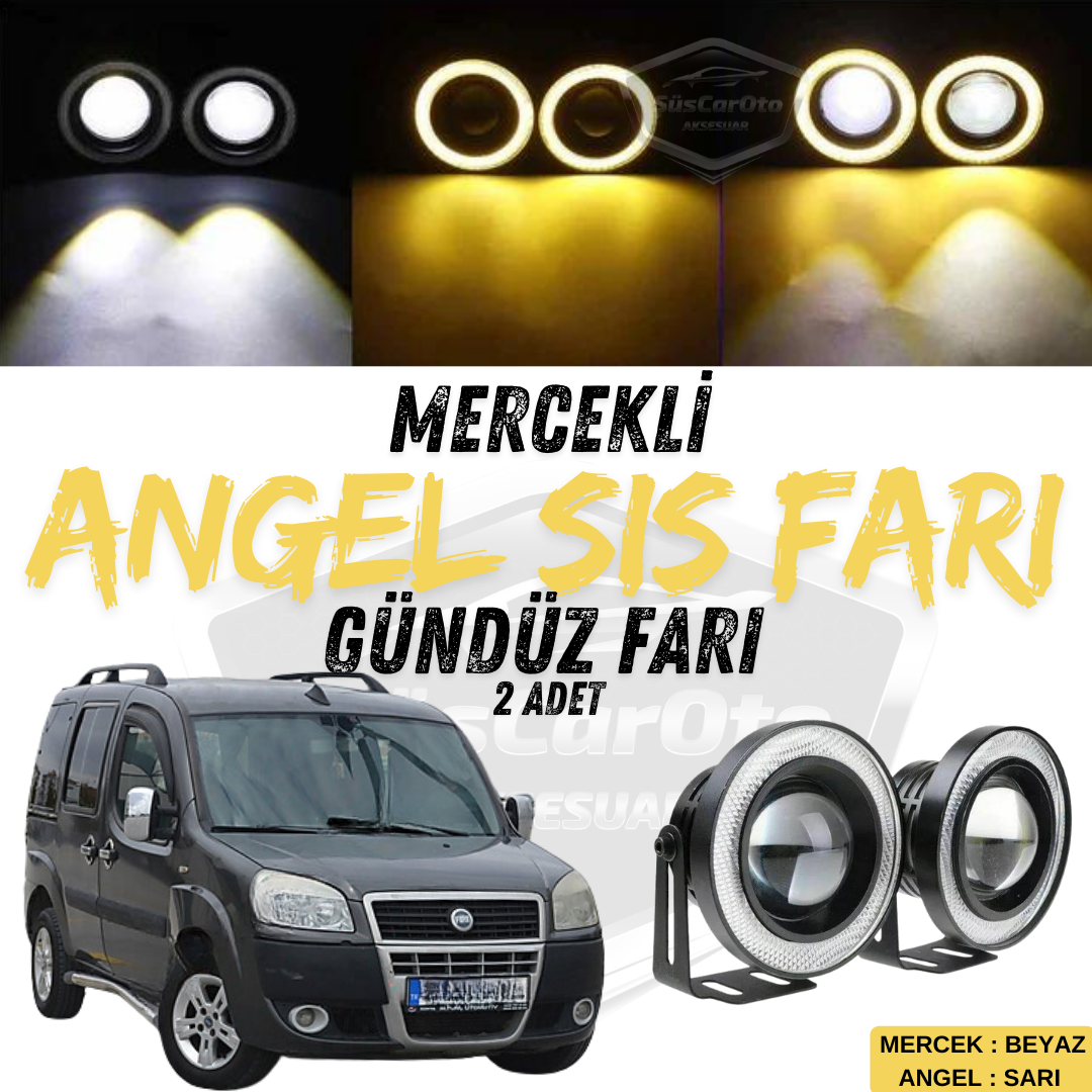 Fiat Doblo D2 2005-2010 Uyumlu Üniversal Mercekli Angel Sis Farı Metal Su Geçirmez 76 mm Sarı Halkalı Gündüz Farı Angel Eyes 2 Adet image 0
