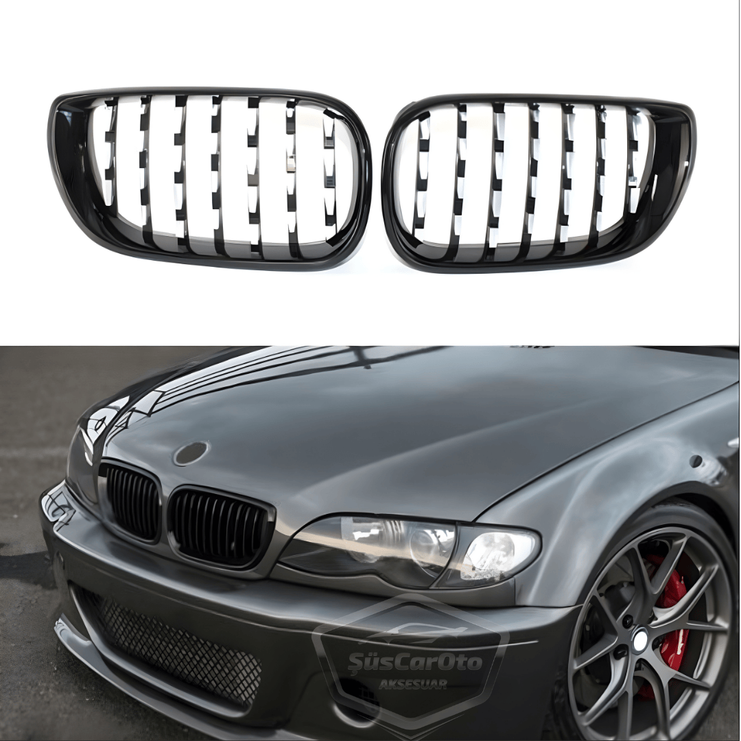 Bmw 3 Serisi E46 LCI 2002-2005 Uyumlu Ön Panjur Böbrek Krom Izgara Diamond İthal Piano Black 1.Sınıf Sağ Sol Takım image 1