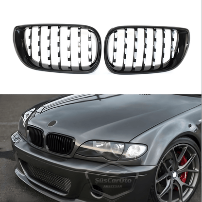 Bmw 3 Serisi E46 LCI 2002-2005 Uyumlu Ön Panjur Böbrek Krom Izgara Diamond İthal Piano Black 1.Sınıf Sağ Sol Takım image 1
