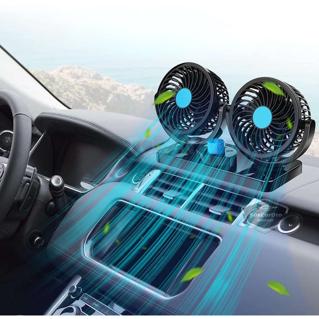 Üniversal Oto Ofis Araç İçi Torpido Üstü Vantilatör Çift Başlıklı Çakmaklık Girişli 2 Kademeli Soğutucu Fan 360° Dönebilen Ultra Sessiz Araç Fanı 12V Mavi image 1