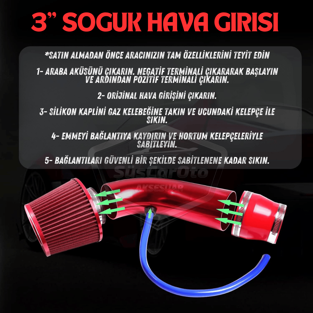 Universal Ses &amp; Performans Arttırıcı Açık Hava Filtre Kiti Set Alüminyum Alaşımlı Krom Bigtube +6 Hp 65-75 mm Kırmızı image 5
